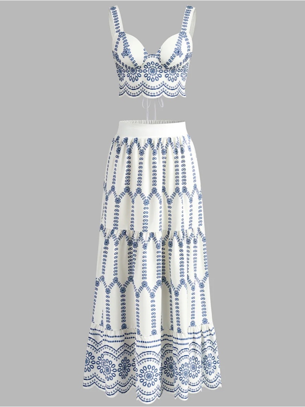 Commense White Maxi Skirt Set with Blue Print